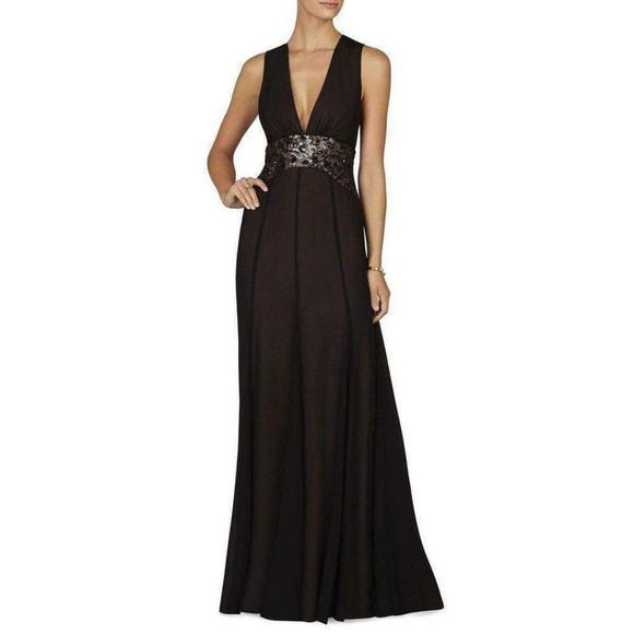 BCBGMAXAZRIA - Stacy Plunging V Neck Embellished Waist Gown - US 0